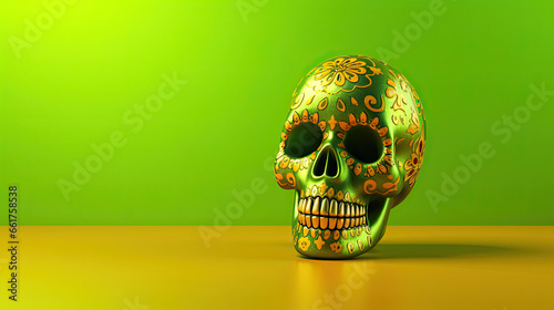 A single sugar skull or Catrina on a vivid lime background or wallpaper