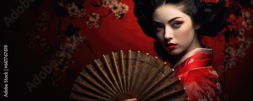 Beautiful geisha in kimono with hand fan