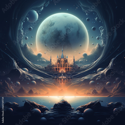 Fortress of Legends: Mythical Castle in Majestic Splendor under a moonlit
