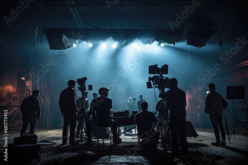 Silhouette people working in studio with equipment and lighting for making movie or commercial