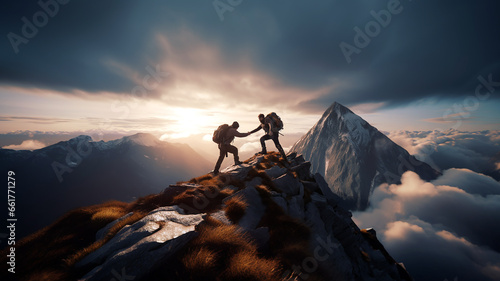 A hiker man helping his friend to reach the top of the hill in a mountain. Success concept. Wilderness photograph generated by AI tools.