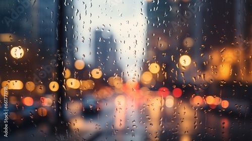 Rain drops on the window glass with blurred city lights in the background. Rain drops on the glass with blurred city lights background. Artistic blur. Beautyful bokeh. Abstract blurry background.