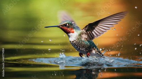 a beautiful hummingbird in Flight on water surface.