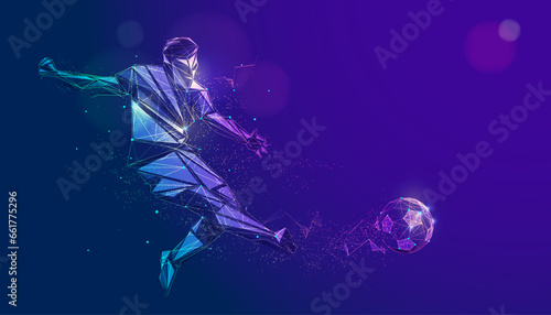 graphic of wireframe low poly soccer player shooting football