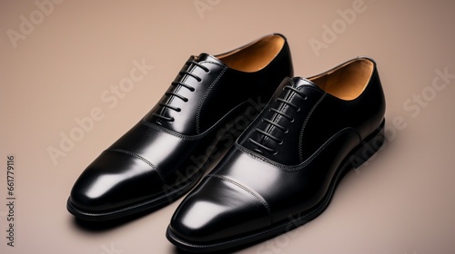 pair of black shoes on the white background 
