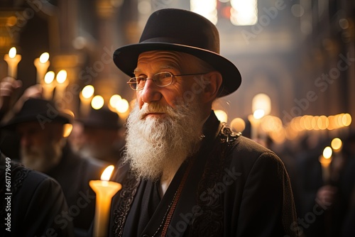 An evocative image capturing the spiritual devotion of rabbis during their prayer in a holy synagogue