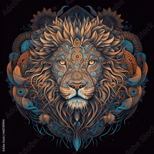 Mandala patter Lion, Africa animal black background