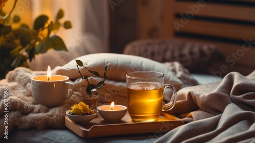 Still life details in home interior of living room. Sweaters and cup of tea with serving tray on a coffee table. Breakfast over sofa in morning sunlight. Cozy autumn or winter concept.