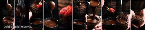 Chocolate background. Chocolate making process. Hot chocolate. Photo collage.