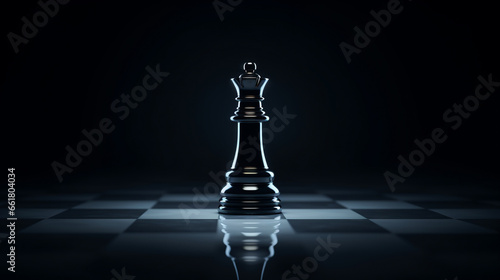  beautiful black shiny chess piece queen on a black background and on a black and white glossy chessboard