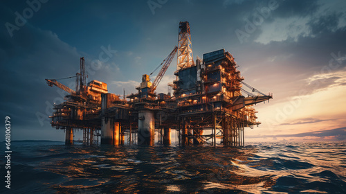 Oil Rig Stands Tall And Strong In The Open Ocean. Сoncept Oil Platform Technology, Offshore Drilling Operations, Deepwater Exploration, Impact Of Oil Rigs On Marine Ecosystems
