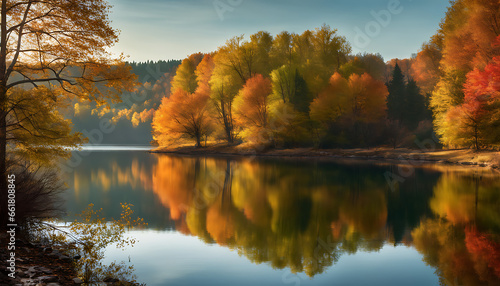  peaceful lakeside scene with the reflection of colorful trees in the calm, shimmering water