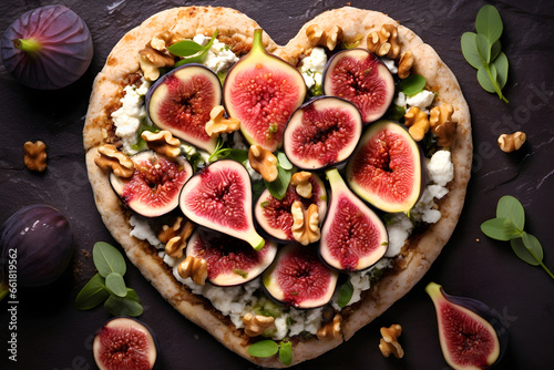 Pizza or toast with goat cheese, figs and nuts in shape of heart on dark wooden background, top view, flat lay, meal for romantic date, Saint Valentines day