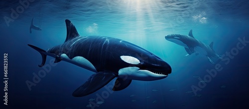Orcas also known as killer whales swim in the dark sea at night With copyspace for text