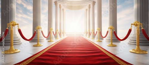 Path to success is marked by a lit red carpet red velvet rope and golden supports leading to a white open door With copyspace for text