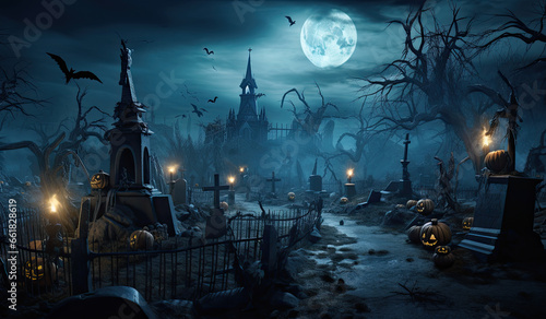 fondo de cementerio con tumbas, edificios y cruces durante la noche con luna llena y pájaros negros sobrevolándolo. concepto halloween