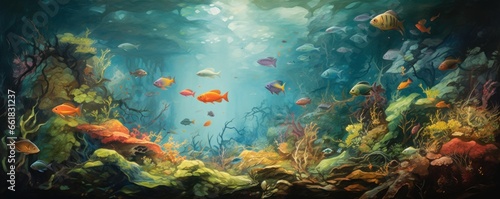Fish in freshwater aquarium with beautiful planted tropical. Colorful art back