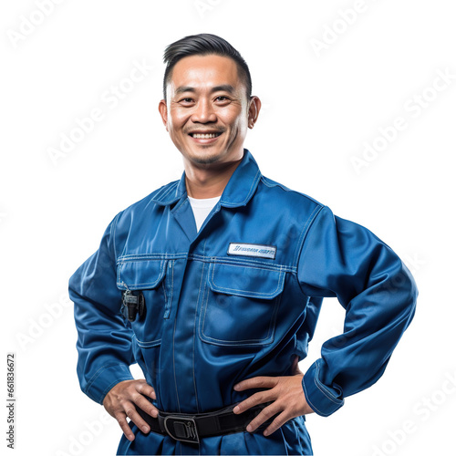 An asian mechanic in a blue jumpsuit, with a smear of grease on their cheek, holding a wrench, stands assertively against an immaculate white background