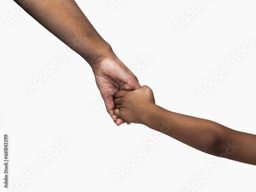 Close-up a mother giving a hand to her child isolated on white background