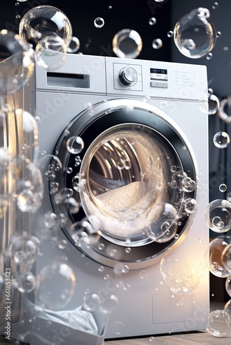 Inside an elegantly designed laundry room, a modern washing machine overflows with sudsy water. The bubbles, form perfect little spheres that float in the air