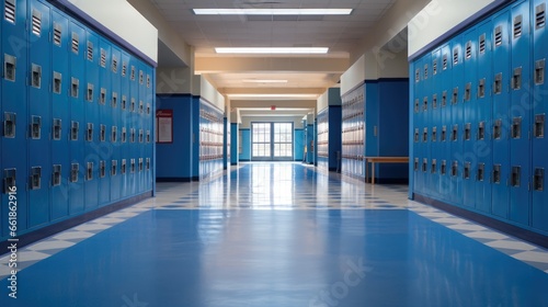 Empty school hallway with royal blue metal lockers along both sides of the hallway