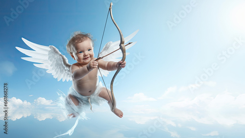 Baby cupid angel with wings bow and arrow flying on the blue sky background.