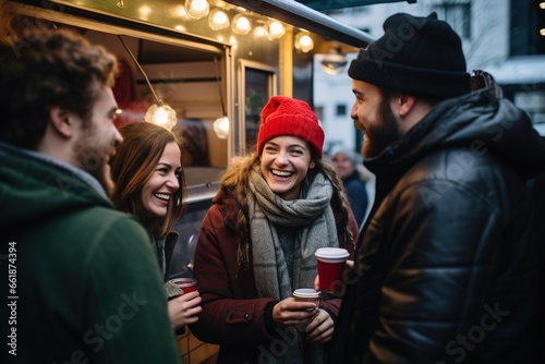 Freunde im Winter auf dem Weihnachtsmarkt oder beim Punschen. Kaffee trinken draußen nach der Arbeit. Freunde treffen sich auf dem Markt im Winter an einem Foodtruck oder Punsch Stand. 