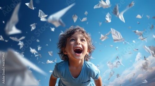 happiness carefree summertime kid playing throw launch paper rocket place paper fold outdoor vision inspired concept