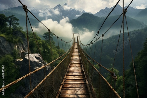 Suspension bridge in mountains. Generative AI