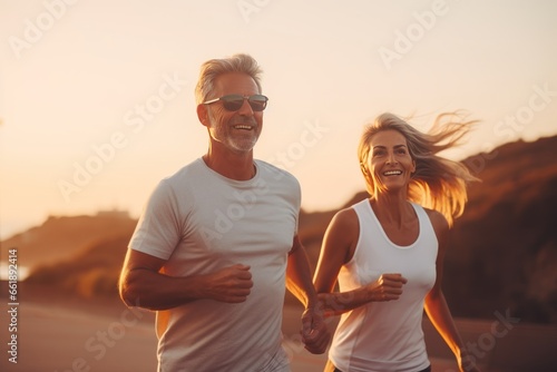 Jogging workout. Middle aged couple during jogging workout on the beach at sunset. Keeping fit in any age.