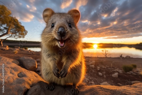 Sunset view with Quokka on sandy beach. Unique wildlife moments.