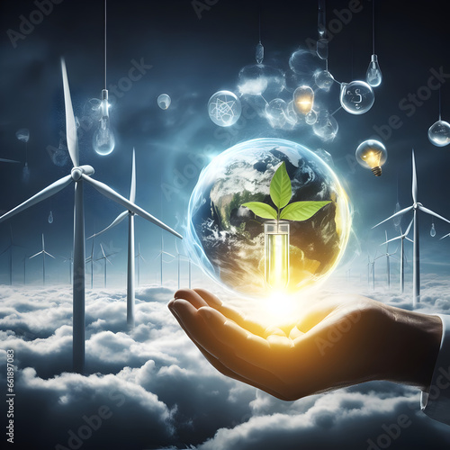 An incredibly detailed image showcasing the future of green energy, with the sun, wind, and hydrogen taking center stage