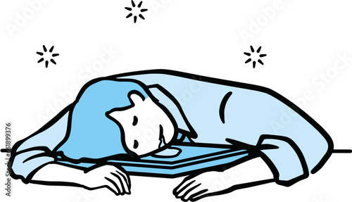 パソコンを枕によだれがでるほど爆睡するスーツ男性の単色イラスト