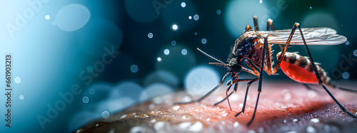 Mosquito sucking blood from its victim. Disease transmitting vector. Space for text