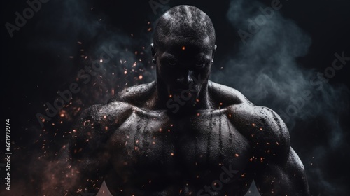 Male bodybuilder on anabolic steroids covered in black dust