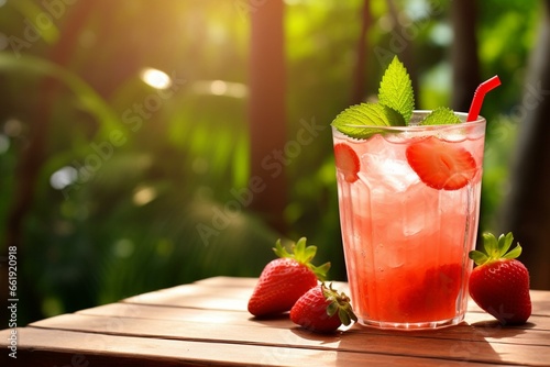 Refreshing strawberry drink with lime and ice. Chilled strawberry lemonade on wooden table at the park. Generative AI