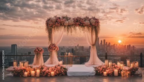  A wedding altar, with a beautiful sunset or city skyline in the background, creating a romantic and dreamy atmosphere