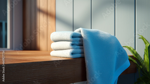 A bathroom towel in a scene of simplicity and order. Towel resting in elegance for personal care and daily self-care attention.