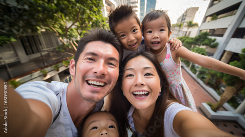 街中で自撮りする仲良しのアジア系の父母息子娘の4人家族