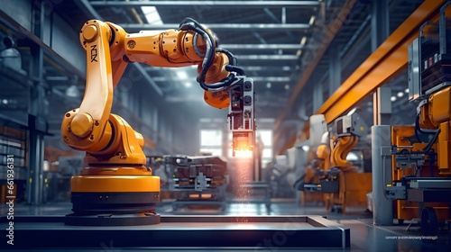 Industrial robot works automatically in smart autonomous factory. generative ai