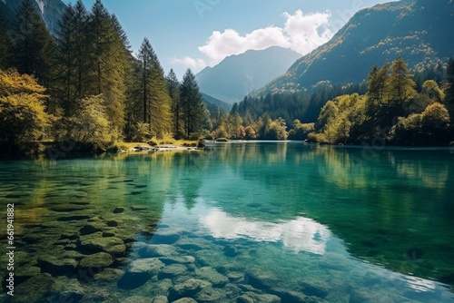 Scenic view of a lake with mountains reflecting in the clear water under a blue summer sky surrounded by a lush green forest in autumn. Generative AI