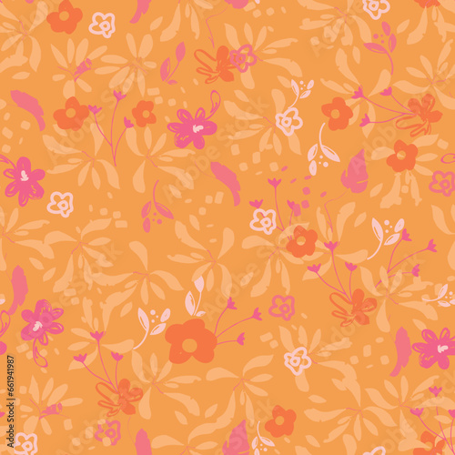 Abstract floral seamless pattern. Bright colors, gouache painting. Outline contour lines forming stylized blooming daisy flowers. Curved lines and brush strokes.