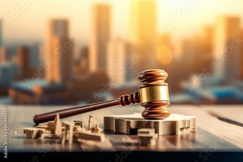 Gavel on construction site table with blurred background. Generative AI