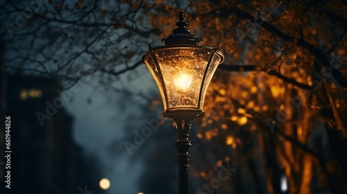 At night, an antique street lamp. streetlights that are brightly lighted at dusk. lamps for decoration. In the dusk of the city, a magic lamp with a warm yellow glow.