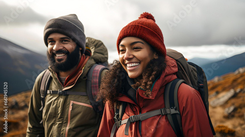 young African American couple trekking in Bariloche, Argentine Patagonia, touring South America, nomadic life, travelers in Latin America