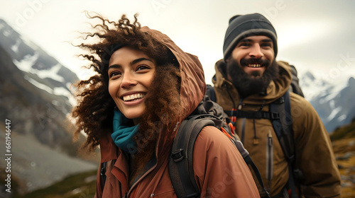 young African American couple trekking in Bariloche, Argentine Patagonia, touring South America, nomadic life, travelers in Latin America