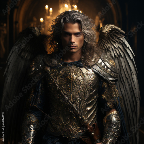 Saint Archangel Michael, with large white and golden wings, a powerful and strong body. AI Generative