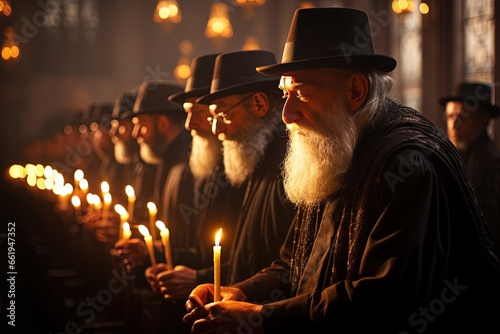 An evocative image capturing the spiritual devotion of rabbis during their prayer in a holy synagogue