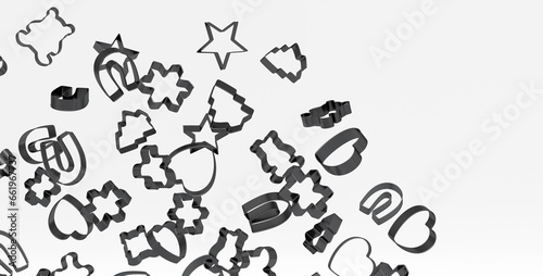 Many of flying gleaming metal cookie cutters, featuring various shapes and sizes