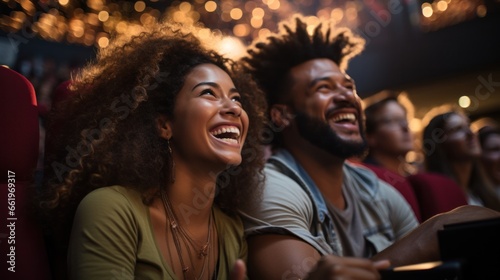 Young American couple watching movie at cinema theatre laughing enjoying comedy show. Curly caucasian young woman at concert hall smiles wide happy ti spend time with boyfriend. Leisure.